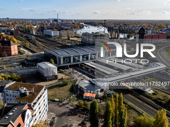 A drone captures a view of the transport nodal point of Ostkreuz and the junction between Markgrafendamm in Berlin, Germany, on November 2,...