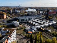 A drone captures a view of the transport nodal point of Ostkreuz and the junction between Markgrafendamm in Berlin, Germany, on November 2,...