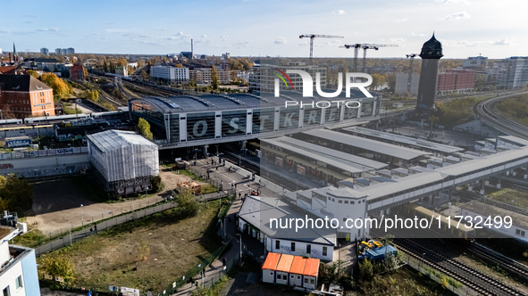 A drone captures a view of the transport nodal point of Ostkreuz and the junction between Markgrafendamm in Berlin, Germany, on November 2,...