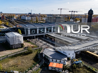 A drone captures a view of the transport nodal point of Ostkreuz and the junction between Markgrafendamm in Berlin, Germany, on November 2,...