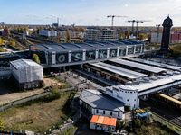 A drone captures a view of the transport nodal point of Ostkreuz and the junction between Markgrafendamm in Berlin, Germany, on November 2,...