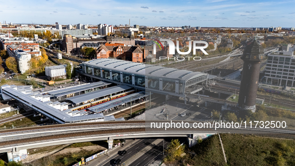 A drone captures a view of the transport nodal point of Ostkreuz and the junction between Markgrafendamm in Berlin, Germany, on November 2,...