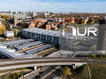 A drone captures a view of the transport nodal point of Ostkreuz and the junction between Markgrafendamm in Berlin, Germany, on November 2,...