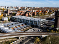 A drone captures a view of the transport nodal point of Ostkreuz and the junction between Markgrafendamm in Berlin, Germany, on November 2,...