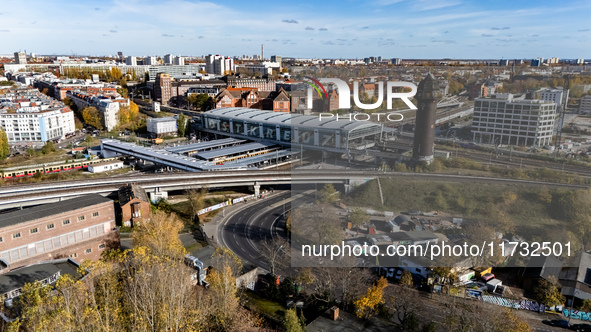 A drone captures a view of the transport nodal point of Ostkreuz and the junction between Markgrafendamm in Berlin, Germany, on November 2,...