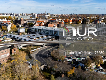 A drone captures a view of the transport nodal point of Ostkreuz and the junction between Markgrafendamm in Berlin, Germany, on November 2,...