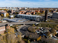 A drone captures a view of the transport nodal point of Ostkreuz and the junction between Markgrafendamm in Berlin, Germany, on November 2,...