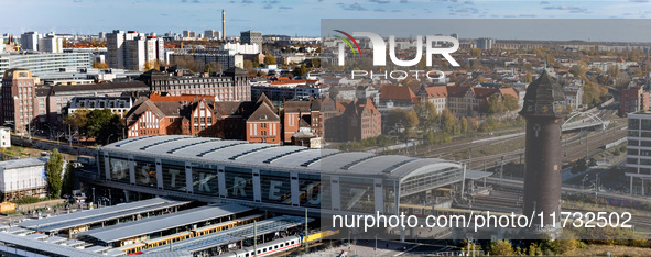 A drone captures a view of the transport nodal point of Ostkreuz in Berlin, Germany, on November 2, 2024. The station connects local transpo...