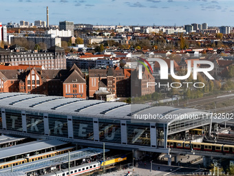 A drone captures a view of the transport nodal point of Ostkreuz in Berlin, Germany, on November 2, 2024. The station connects local transpo...