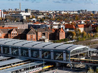 A drone captures a view of the transport nodal point of Ostkreuz in Berlin, Germany, on November 2, 2024. The station connects local transpo...