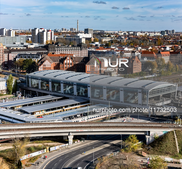 A drone captures a view of the transport nodal point of Ostkreuz in Berlin, Germany, on November 2, 2024. The station connects local transpo...