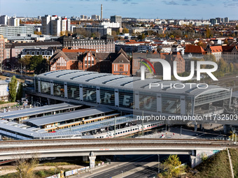 A drone captures a view of the transport nodal point of Ostkreuz in Berlin, Germany, on November 2, 2024. The station connects local transpo...