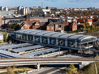 A drone captures a view of the transport nodal point of Ostkreuz in Berlin, Germany, on November 2, 2024. The station connects local transpo...