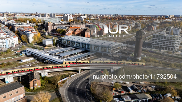 A drone captures a view of the transport nodal point of Ostkreuz in Berlin, Germany, on November 2, 2024. The station connects local transpo...