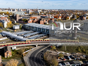 A drone captures a view of the transport nodal point of Ostkreuz in Berlin, Germany, on November 2, 2024. The station connects local transpo...