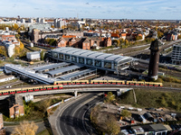 A drone captures a view of the transport nodal point of Ostkreuz in Berlin, Germany, on November 2, 2024. The station connects local transpo...