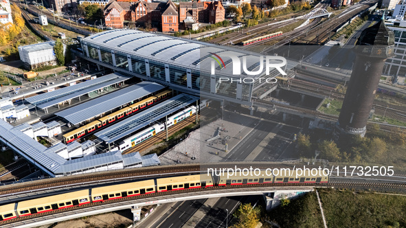 A drone captures a view of the transport nodal point of Ostkreuz in Berlin, Germany, on November 2, 2024. The station connects local transpo...