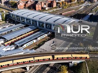 A drone captures a view of the transport nodal point of Ostkreuz in Berlin, Germany, on November 2, 2024. The station connects local transpo...