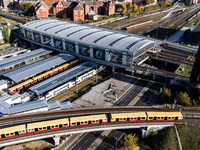 A drone captures a view of the transport nodal point of Ostkreuz in Berlin, Germany, on November 2, 2024. The station connects local transpo...