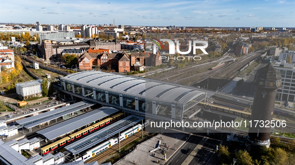 A drone captures a view of the transport nodal point of Ostkreuz in Berlin, Germany, on November 2, 2024. The station connects local transpo...