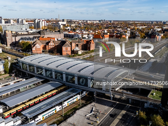 A drone captures a view of the transport nodal point of Ostkreuz in Berlin, Germany, on November 2, 2024. The station connects local transpo...