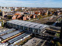 A drone captures a view of the transport nodal point of Ostkreuz in Berlin, Germany, on November 2, 2024. The station connects local transpo...