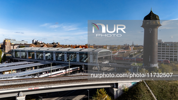 A drone captures a view of the transport nodal point of Ostkreuz in Berlin, Germany, on November 2, 2024. The station connects local transpo...