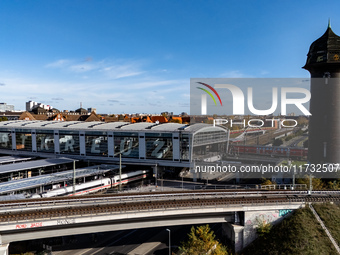 A drone captures a view of the transport nodal point of Ostkreuz in Berlin, Germany, on November 2, 2024. The station connects local transpo...