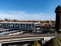 A drone captures a view of the transport nodal point of Ostkreuz in Berlin, Germany, on November 2, 2024. The station connects local transpo...