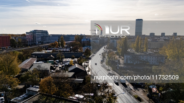 A drone captures a view of the Markgrafendamm in Berlin, Germany, on November 2, 2024. The extension of the A100 highway is planned to pass...