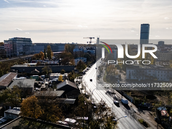 A drone captures a view of the Markgrafendamm in Berlin, Germany, on November 2, 2024. The extension of the A100 highway is planned to pass...