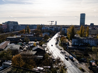 A drone captures a view of the Markgrafendamm in Berlin, Germany, on November 2, 2024. The extension of the A100 highway is planned to pass...