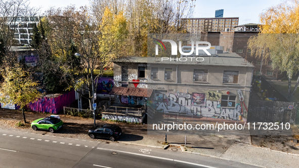 A drone captures a view of the club About Blank in Markgrafendamm in Berlin, Germany, on November 2, 2024. 