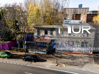 A drone captures a view of the club About Blank in Markgrafendamm in Berlin, Germany, on November 2, 2024. (