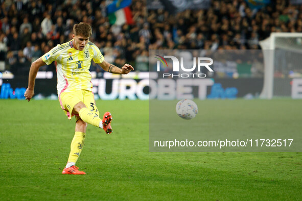 Nicolo Savona of Juventus participates in the Italian Serie A Enilive soccer championship match between Udinese Calcio and Juventus FC at Bl...