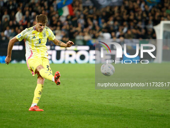 Nicolo Savona of Juventus participates in the Italian Serie A Enilive soccer championship match between Udinese Calcio and Juventus FC at Bl...