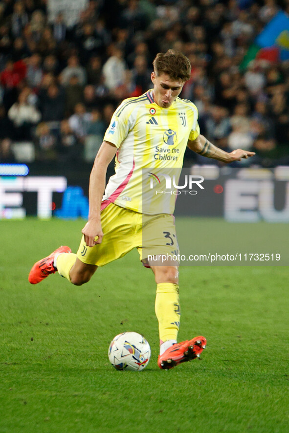 Nicolo Savona of Juventus participates in the Italian Serie A Enilive soccer championship match between Udinese Calcio and Juventus FC at Bl...