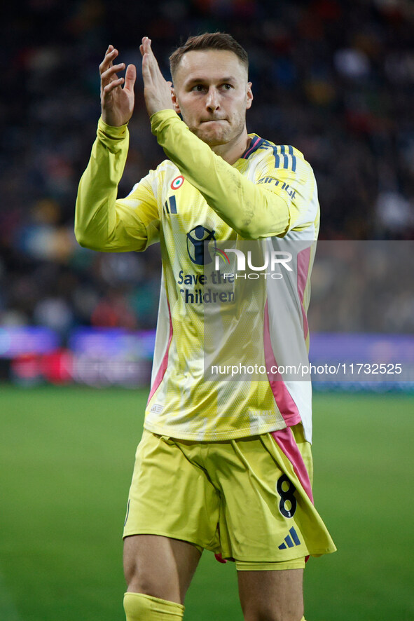 Teun Koopmeiners of Juventus participates in the Italian Serie A Enilive soccer championship match between Udinese Calcio and Juventus FC at...