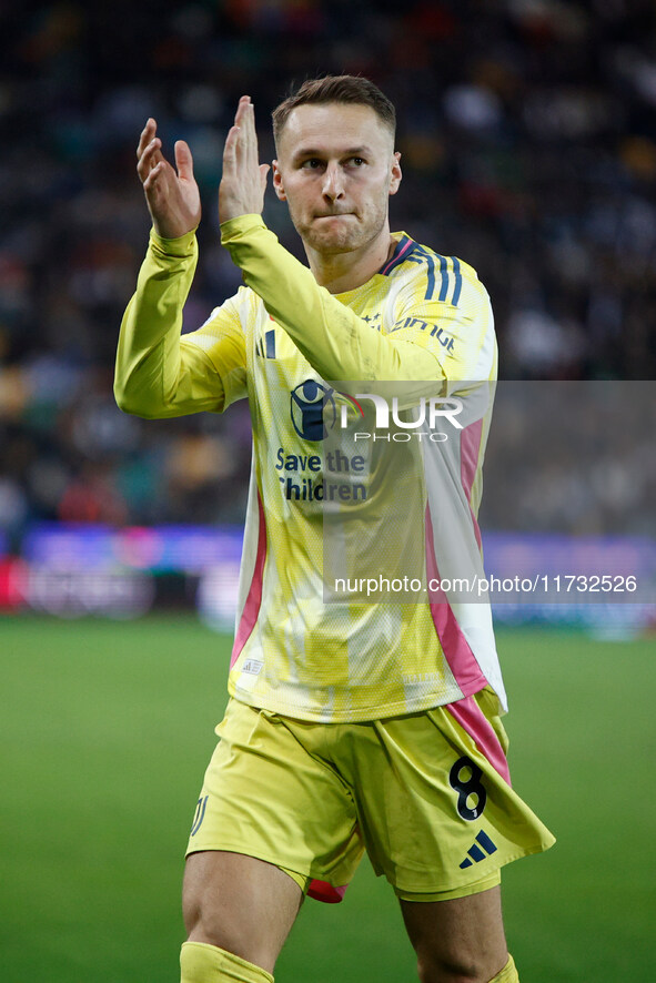 Teun Koopmeiners of Juventus participates in the Italian Serie A Enilive soccer championship match between Udinese Calcio and Juventus FC at...