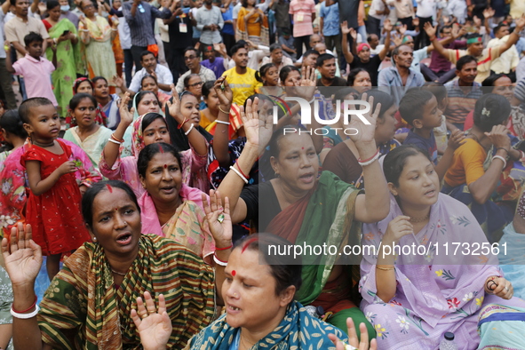 Minority people participate in a protest demanding protections for Hindus and other minorities in Dhaka, Bangladesh, on November 2, 2024. Fo...