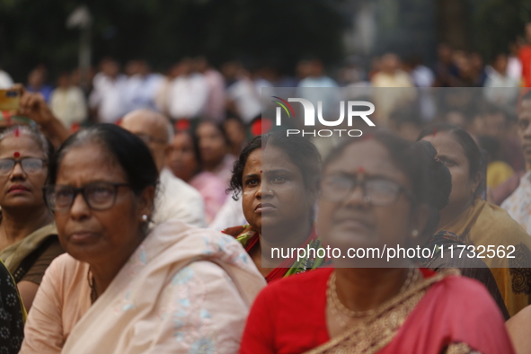 Minority people participate in a protest demanding protections for Hindus and other minorities in Dhaka, Bangladesh, on November 2, 2024. Fo...