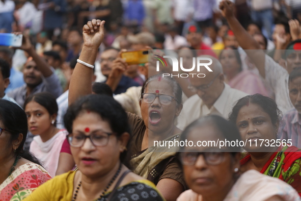 Minority people participate in a protest demanding protections for Hindus and other minorities in Dhaka, Bangladesh, on November 2, 2024. Fo...