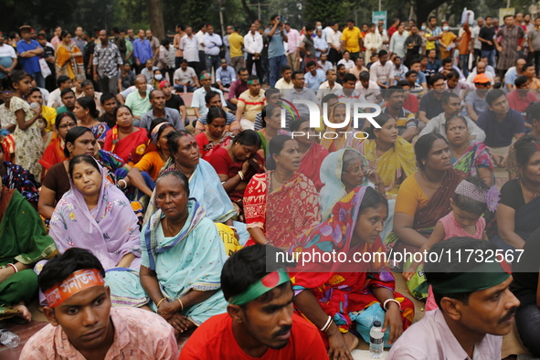 Minority people participate in a protest demanding protections for Hindus and other minorities in Dhaka, Bangladesh, on November 2, 2024. Fo...