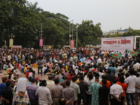 Minority people participate in a protest demanding protections for Hindus and other minorities in Dhaka, Bangladesh, on November 2, 2024. Fo...