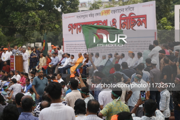 Minority people participate in a protest demanding protections for Hindus and other minorities in Dhaka, Bangladesh, on November 2, 2024. Fo...