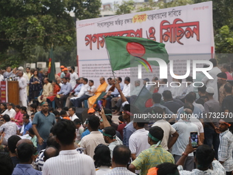 Minority people participate in a protest demanding protections for Hindus and other minorities in Dhaka, Bangladesh, on November 2, 2024. Fo...