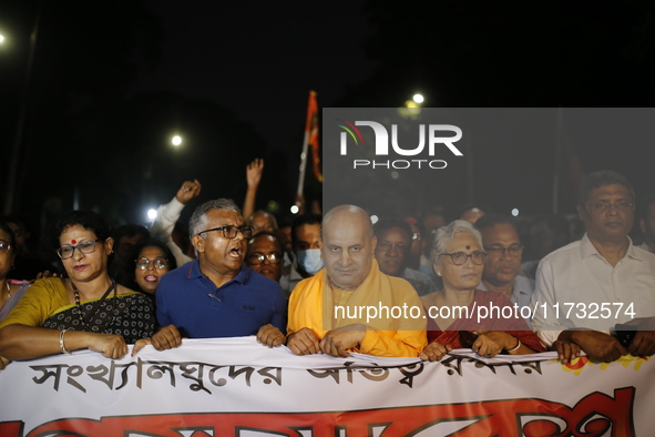 Minority people participate in a protest demanding protections for Hindus and other minorities in Dhaka, Bangladesh, on November 2, 2024. Fo...