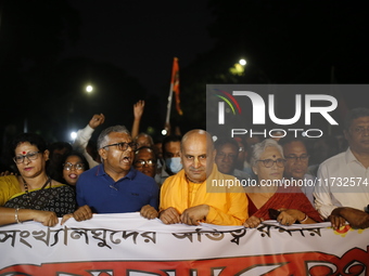 Minority people participate in a protest demanding protections for Hindus and other minorities in Dhaka, Bangladesh, on November 2, 2024. Fo...