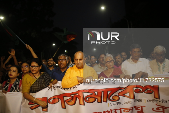 Minority people participate in a protest demanding protections for Hindus and other minorities in Dhaka, Bangladesh, on November 2, 2024. Fo...