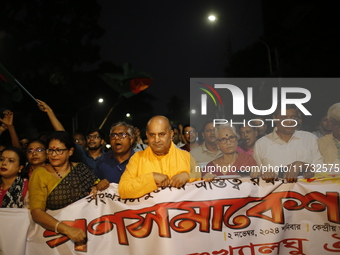 Minority people participate in a protest demanding protections for Hindus and other minorities in Dhaka, Bangladesh, on November 2, 2024. Fo...